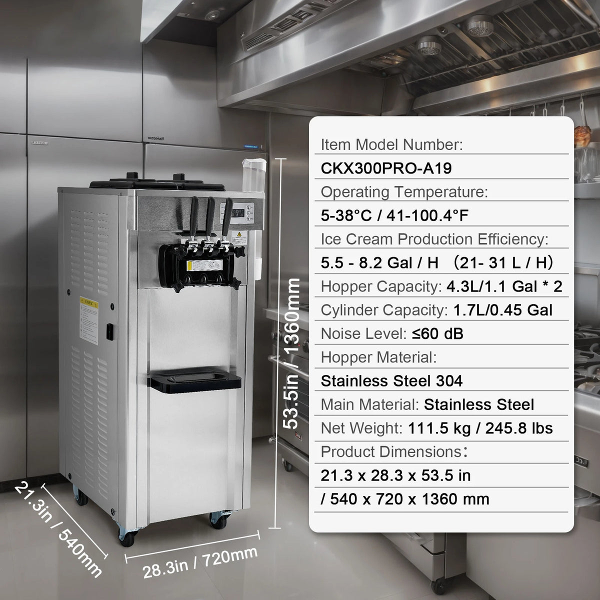 VEVOR Commercial Soft Ice Cream Machine 3 Flavors PreCooling LED Panel Allows Single Cylinder Use Overnight Refrigeration Amocart