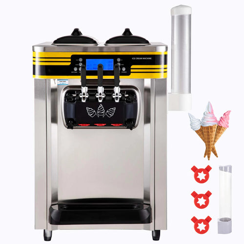 SucceBuy 22-30L/H Soft Ice Cream Maker Commercial Countertop Tricolor 2+1 Flavors Sweet Cones Freezing Equipment Vending Machine