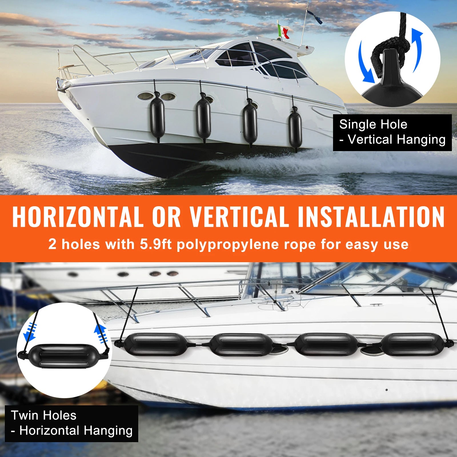 SucceBuy Inflatable Ribbed Fender with Center Holes Marine Boat Dock Fender Bumper with Air Pump 4 Needles 4 Ropes & Storage Bag