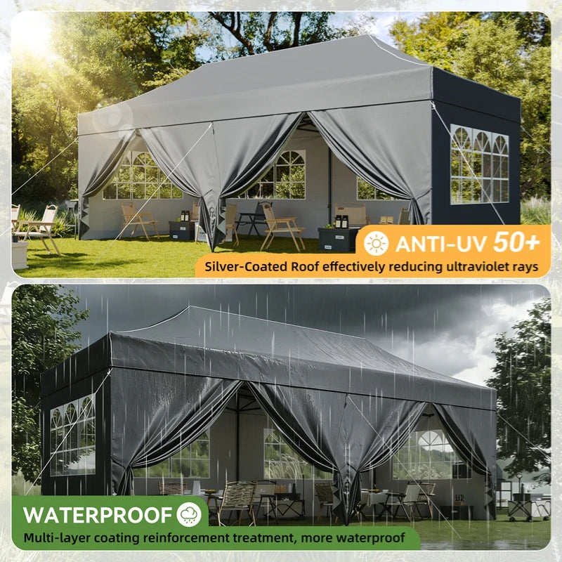 Aoxun 10x20FT Pop Up Gazebo Heavy Duty Instant Canopy Tent with Sides Waterproof Outdoor Shelter for Garden Party BBQ with Wheeled Bag