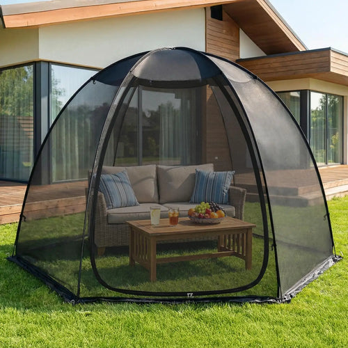 Pop Up Screen House Tent 10x10 FT, Snap-fit Black Mesh Screen Gazebo with Peaked Roof, Portable Screen Room Canopy Shelter with Sandbags for Camping, Backyard, Picnic