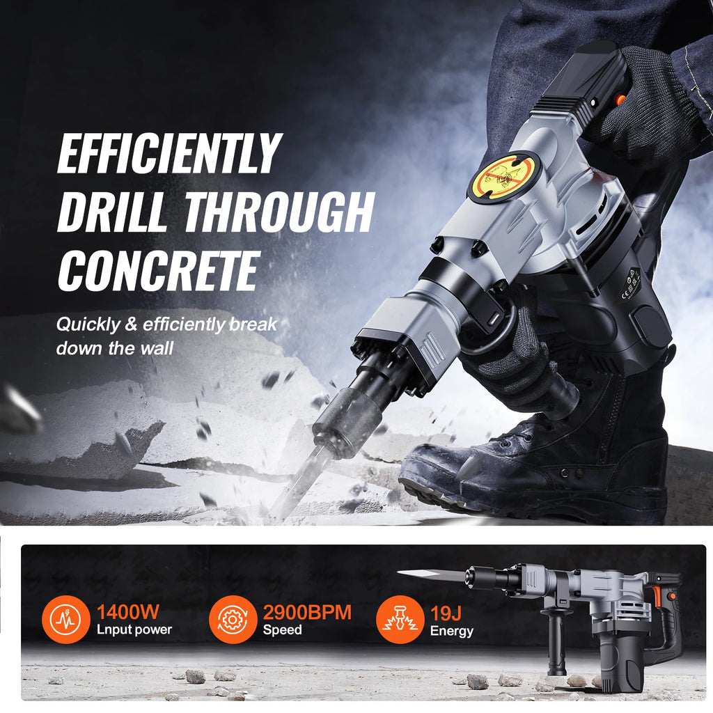 SucceBuy Electric Heavy Demolition Jack Hammer 1400W 2pcs Chisels Bits Chipping with Case 2900 BPM Concrete Breaker Gloves Black
