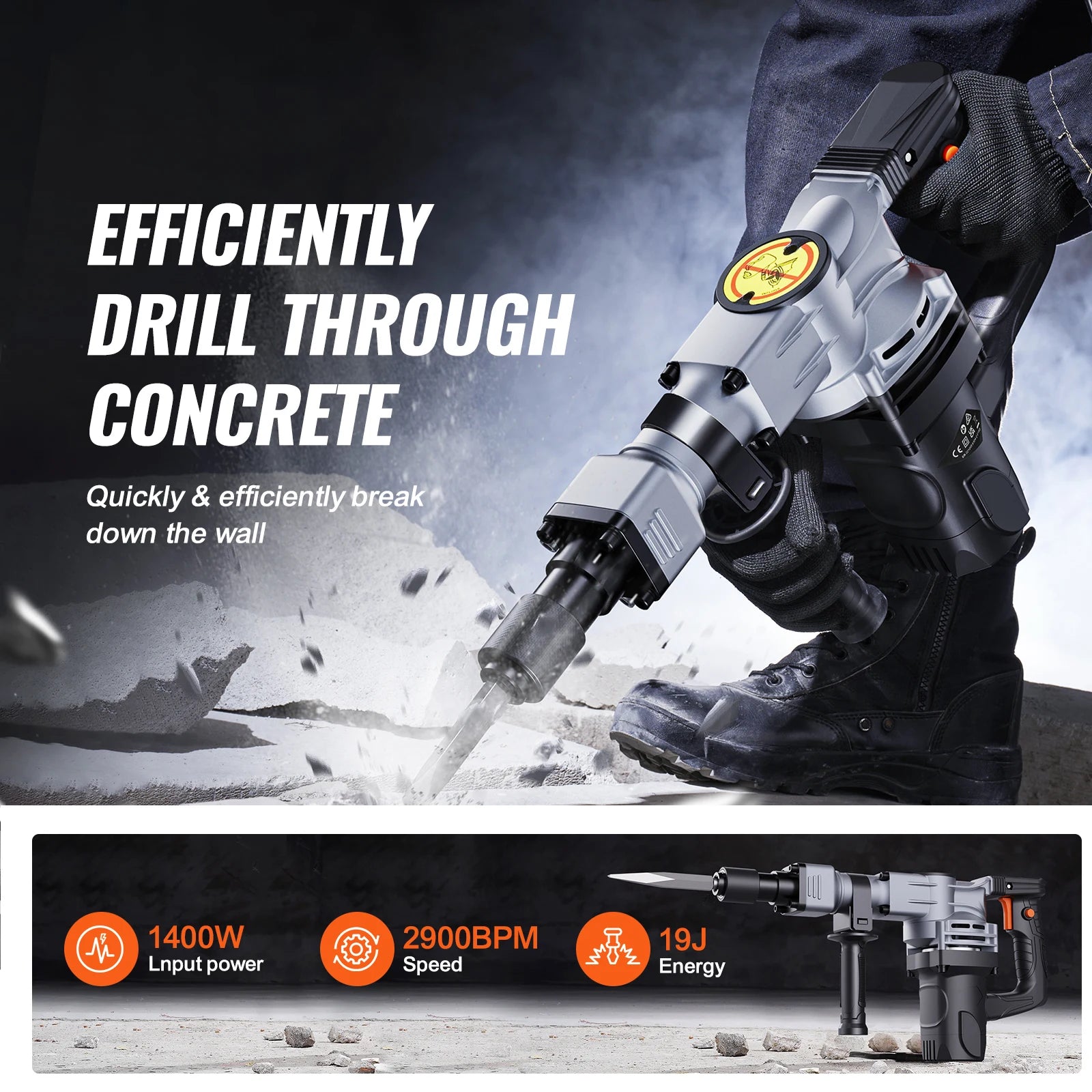 SucceBuy Electric Heavy Demolition Jack Hammer 1400W 2pcs Chisels Bits Chipping with Case 2900 BPM Concrete Breaker Gloves Black