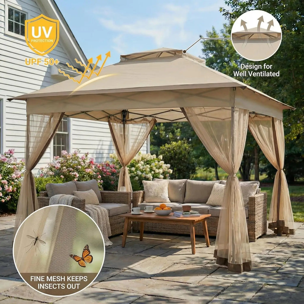 11x11 Pop Up Gazebo with Mosquito Netting – Easy 1-Person Setup, Water-Resistant Backyard Canopy for Family Patio & Garden Use,K