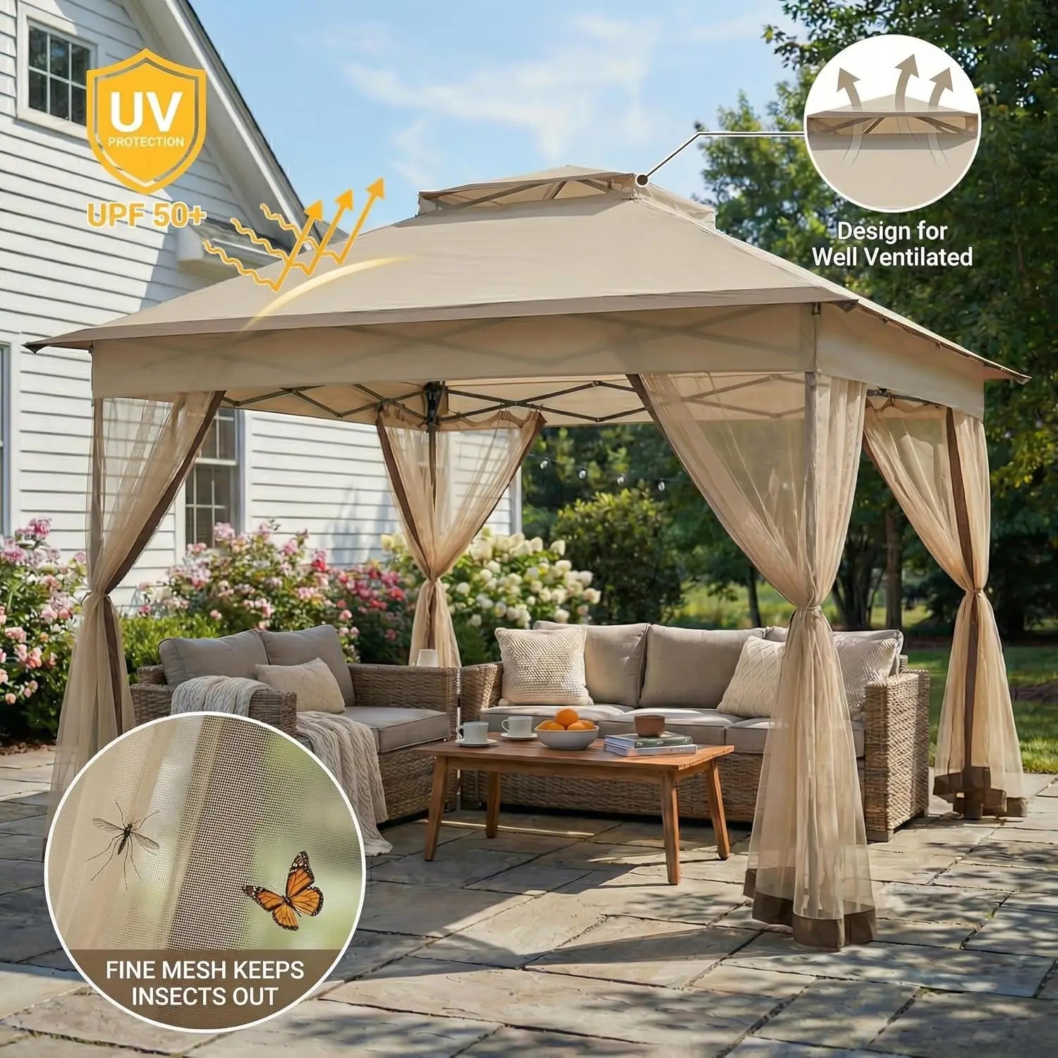 11x11 Pop Up Gazebo with Mosquito Netting – Easy 1-Person Setup, Water-Resistant Backyard Canopy for Family Patio & Garden Use,K