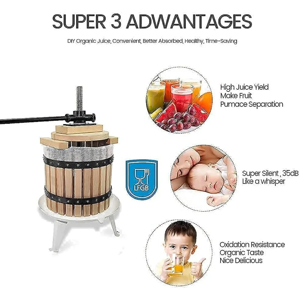 Fruit Crusher Apple Cider Wine Press 3.17 Gallon 12L Solid Wood Basket Press