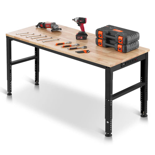 Amocart Multi Adjustable Workbench Woodworking Hardwood Work Bench with Power Outlets Foot Pads for Workshop Office Home Use
