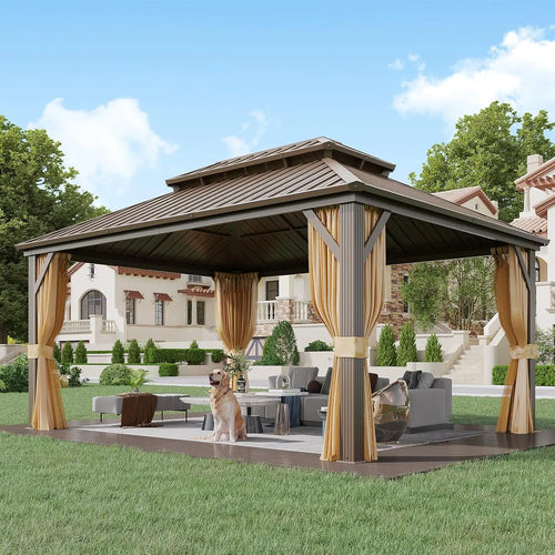 12x16 Hardtop Gazebo Aluminum Frame Galvanized Steel Double Roof Curtain & Netting Outdoor Garden Lawn Deck Patio Custom
