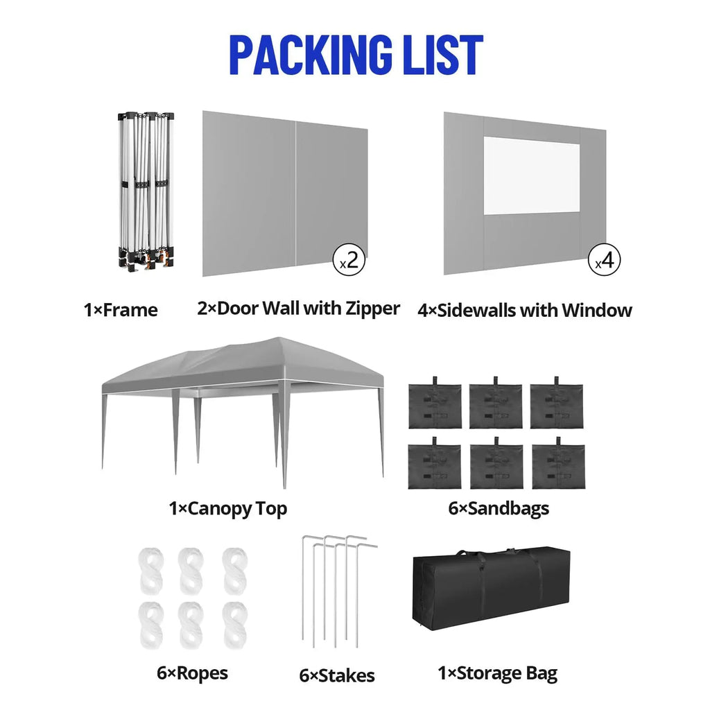 10x20FT Pop Up Canopy Tent, Heavy Duty Wedding Party Tent Commercial Grade Instant Shelter with Removable Sidewalls for Outdoor, Parties, 3 Height, Carry Bag, Sandbag Gray