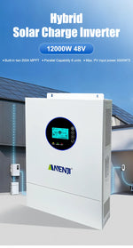 ANENJI Split Phase 12KW 48V Hybrid Solar Inverter Parallel 4.2KW 24V Inverter Pure Sine 120V 220V On Grid MPPT 200A Solar Charger PV 500V