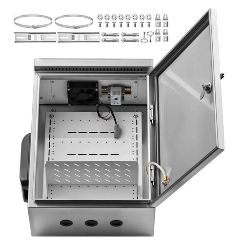 SucceBuy Outdoor Electrical Box 20 x 16 x 8 in Stainless Steel Ventilated Electrical Enclosure with Thermostat and Fan, Rain Hood, Hinge Connection, Wall/Pole Mounted