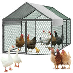 SucceBuy Metal Chicken Coop with Waterproof Cover & Doors Spire Roof Poultry Run Compatible w/ Wooden Coops for Rabbit Hen Goose