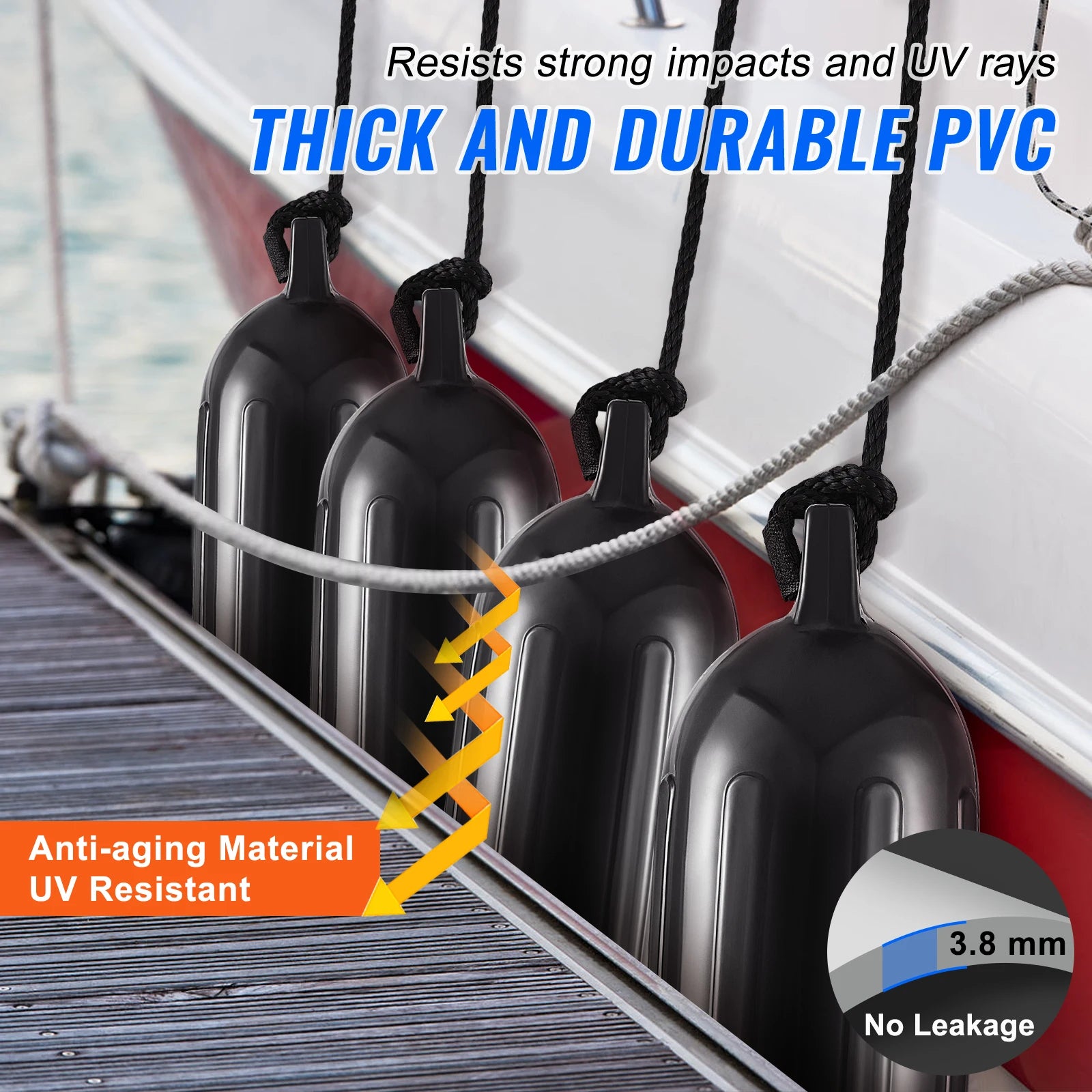 SucceBuy Inflatable Ribbed Fender with Center Holes Marine Boat Dock Fender Bumper with Air Pump 4 Needles 4 Ropes & Storage Bag