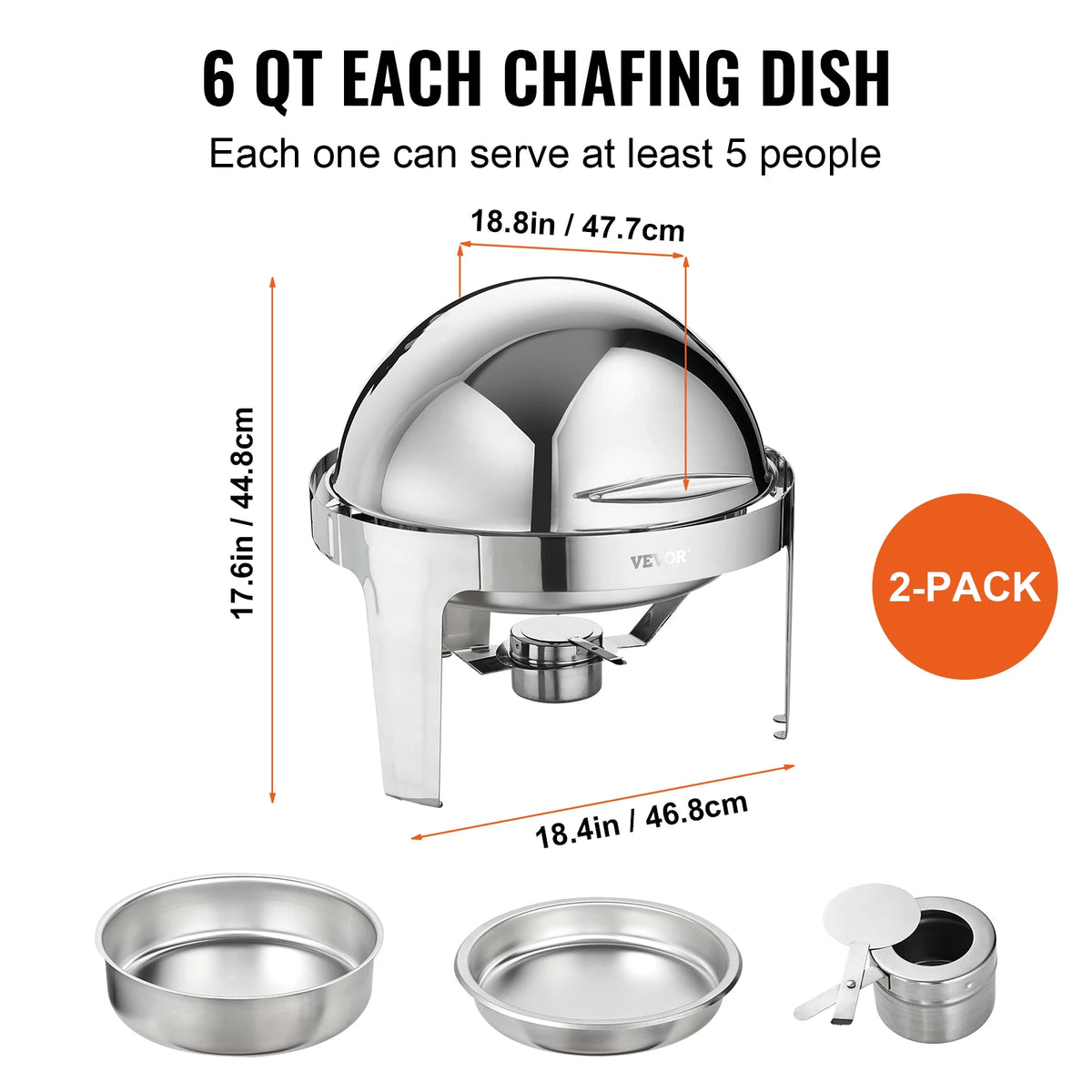 SucceBuy Roll Top Chafing Dish Buffet Set 6 Qt 2 Pack Stainless Steel Chafer with 2 Full Size Pans Round Catering Warmer Server Amocart