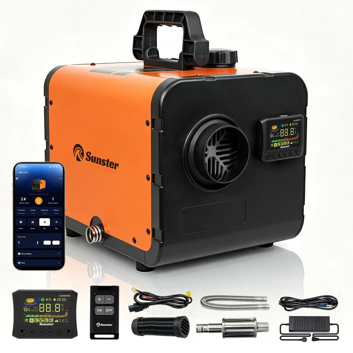 Sunster TP W1 8KW Parking Diesel Heater All-in-One, WiFi Bluetooth APP LCD Remote,12V/24V 110-240V Dual Power,Vent Turbo Thermostat,5500m Altitude Adapt,0.11-0.38L/H,5L Tank 20H,35dB Silent,Quick Muffler,Switch Cable,Safety P Amocart