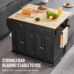 SucceBuy 43" Kitchen Island Cart Wood Top Mobile Carts with Storage Cabinet Rolling Table with Leaf Spice Rack Towel Bar Black