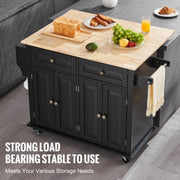Load image into Gallery viewer, SucceBuy 43" Kitchen Island Cart Wood Top Mobile Carts with Storage Cabinet Rolling Table with Leaf Spice Rack Towel Bar Black - AMOCART

