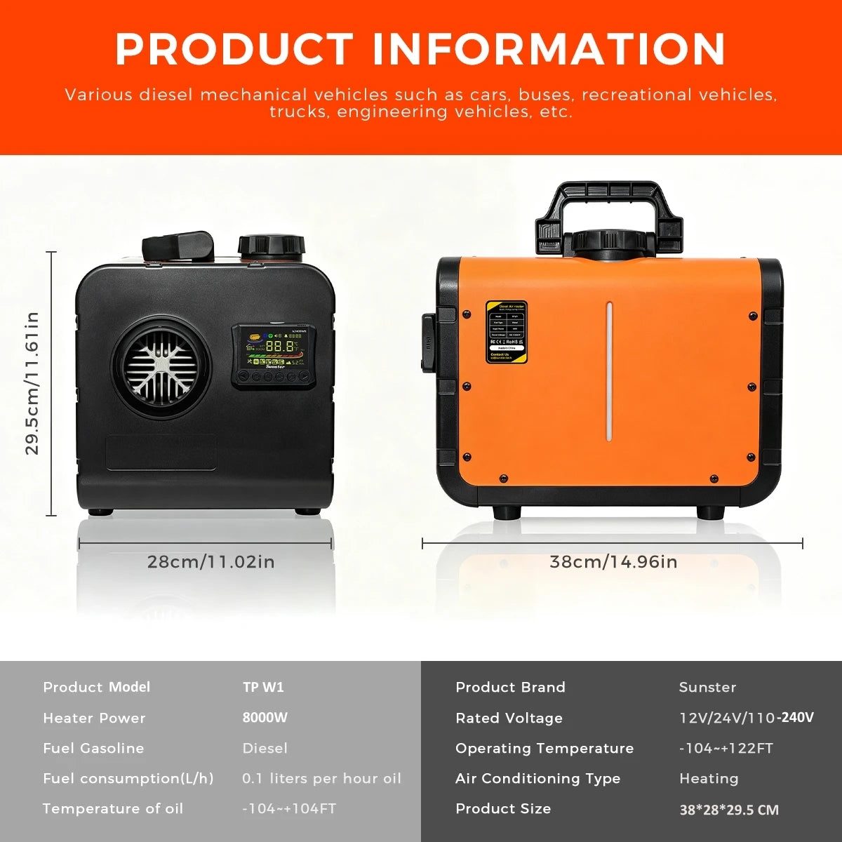 Sunster TP W1 8KW Parking Diesel Heater All-in-One, WiFi Bluetooth APP LCD Remote,12V/24V 110-240V Dual Power,Vent Turbo Thermostat,5500m Altitude Adapt,0.11-0.38L/H,5L Tank 20H,35dB Silent,Quick Muffler,Switch Cable,Safety P Amocart