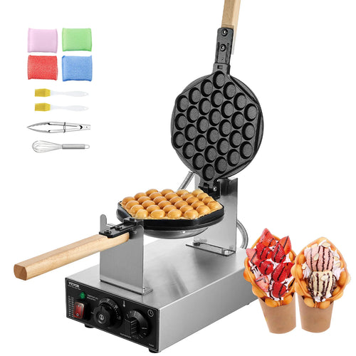 SucceBuy Kommerzieller Eierwaffelautomat 1400W Antihaft-Edelstahl-Bubble-Waffeleisen mit 180° drehbaren 2 Pfannen & Holzgriffen