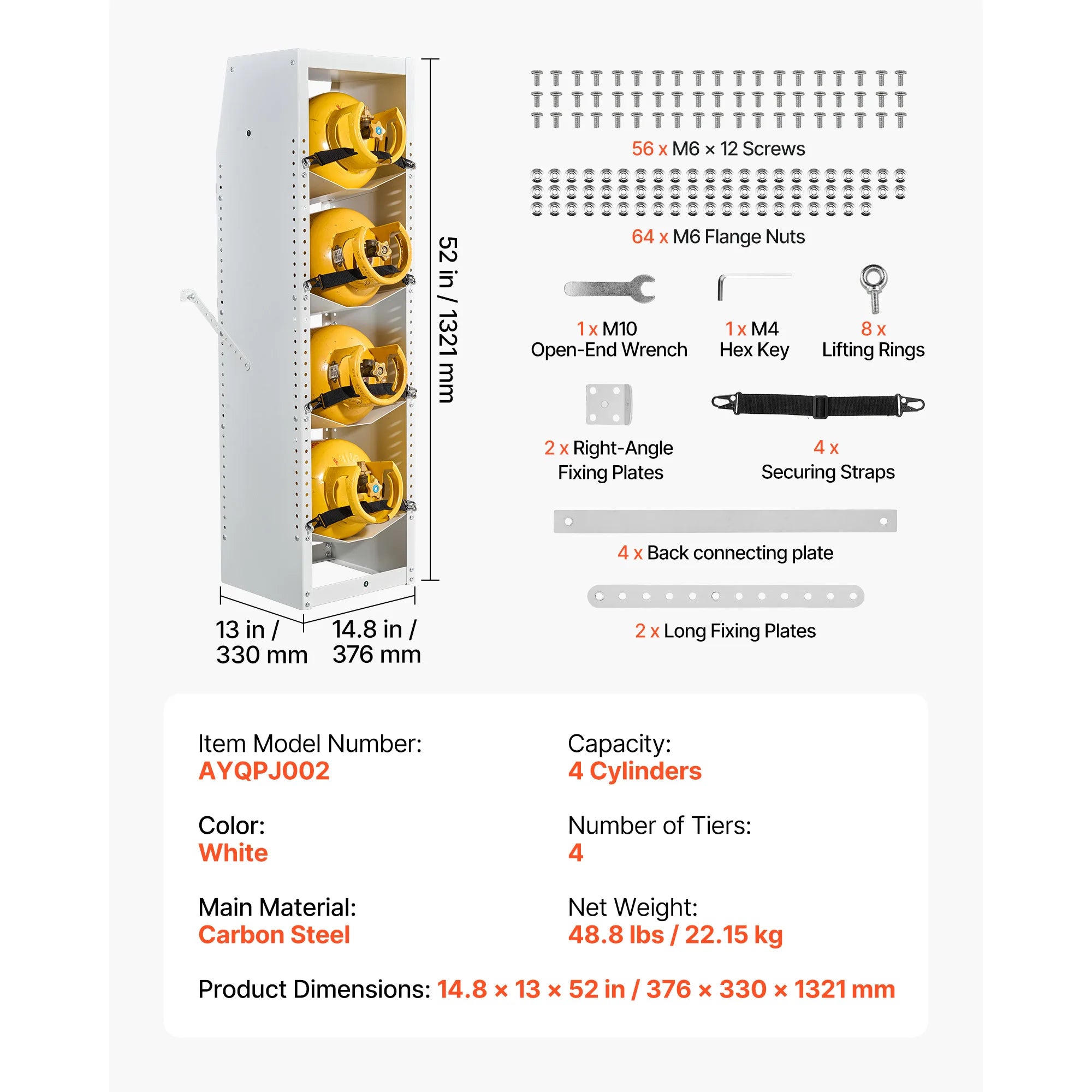 SucceBuy 14.8 x 13 x 52 inches Refrigerant Tank Rack 4 Tiers for 4 Cylinder with Top Storage Shelf for Cargo Van Storing Oxygen
