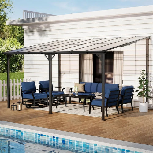 10' x 14' Lean to Gazeb,Hardtop Galvanized Steel Pergola with Sloped Polycarbonate Roof,Wall Mounted Gazebo Patio, Customized