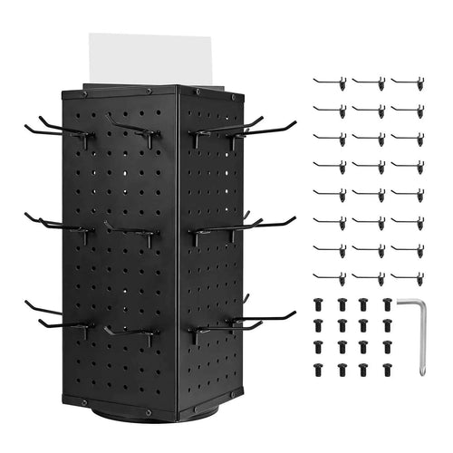 SucceBuy Rotating Pegboard Display Stand 4-Sided Spinning Peg Board Display Rack with 24 Hooks for Retail Store Jewelry Shop