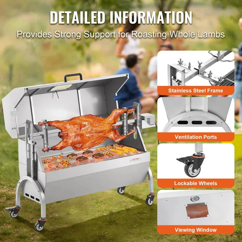 SucceBuy Rotisserie Grill with Hooded Cover BBQ Whole Pig Lamb Goat Charcoal Spit Grill Electric Stainless Steel Roaster
