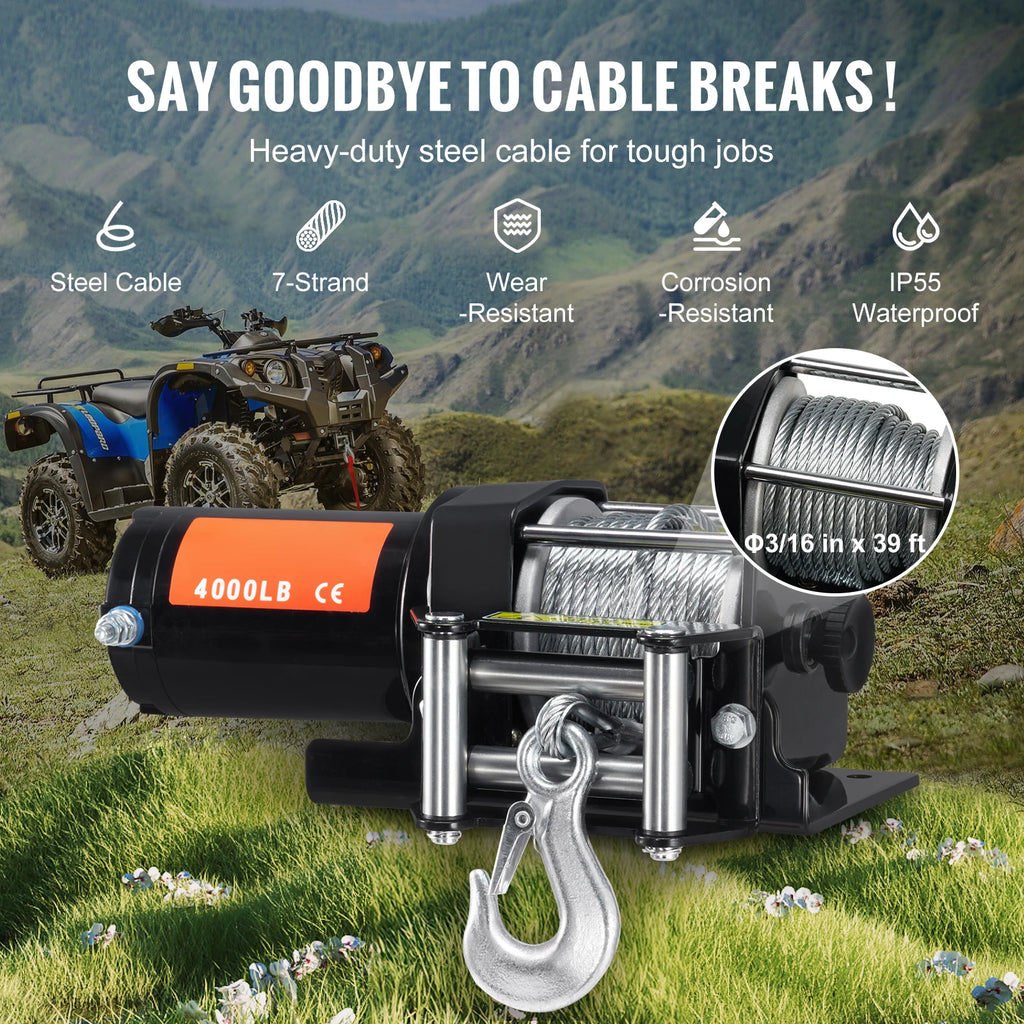 SucceBuy 4000lbs Electric Winch with 39ft 7 Strands Steel Cable Wireless & Wired Remote Control ATV/UTV Winch for Truck Towing