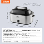 Load image into Gallery viewer, SucceBuy Electric Roaster Oven 24 QT Turkey Roaster Oven with Self-Basting Lid 1450W Roaster Oven Defrost&amp;Warm Function Silver - AMOCART
