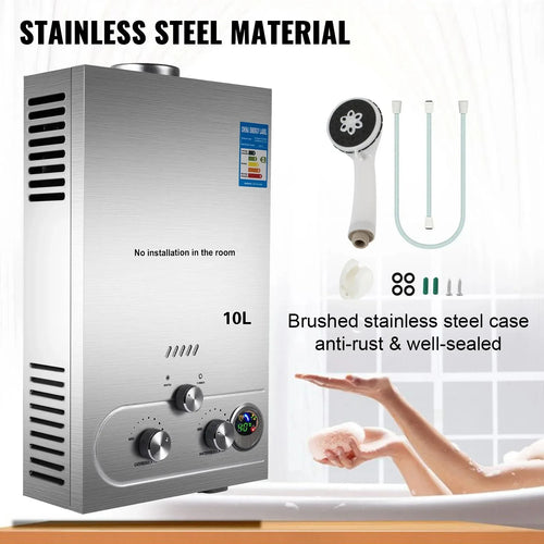 Tankless Water Heater 6L/8L/10L/12L/16L/18L LPG Propane Gas, Portable Wall-Mounted Instant Hot Water Heater with Digital Display for Outdoor Bathing