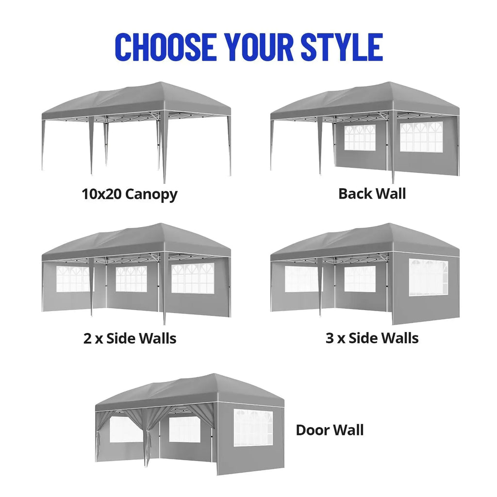 10x20FT Pop Up Canopy Tent, Heavy Duty Wedding Party Tent Commercial Grade Instant Shelter with Removable Sidewalls for Outdoor, Parties, 3 Height, Carry Bag, Sandbag Gray