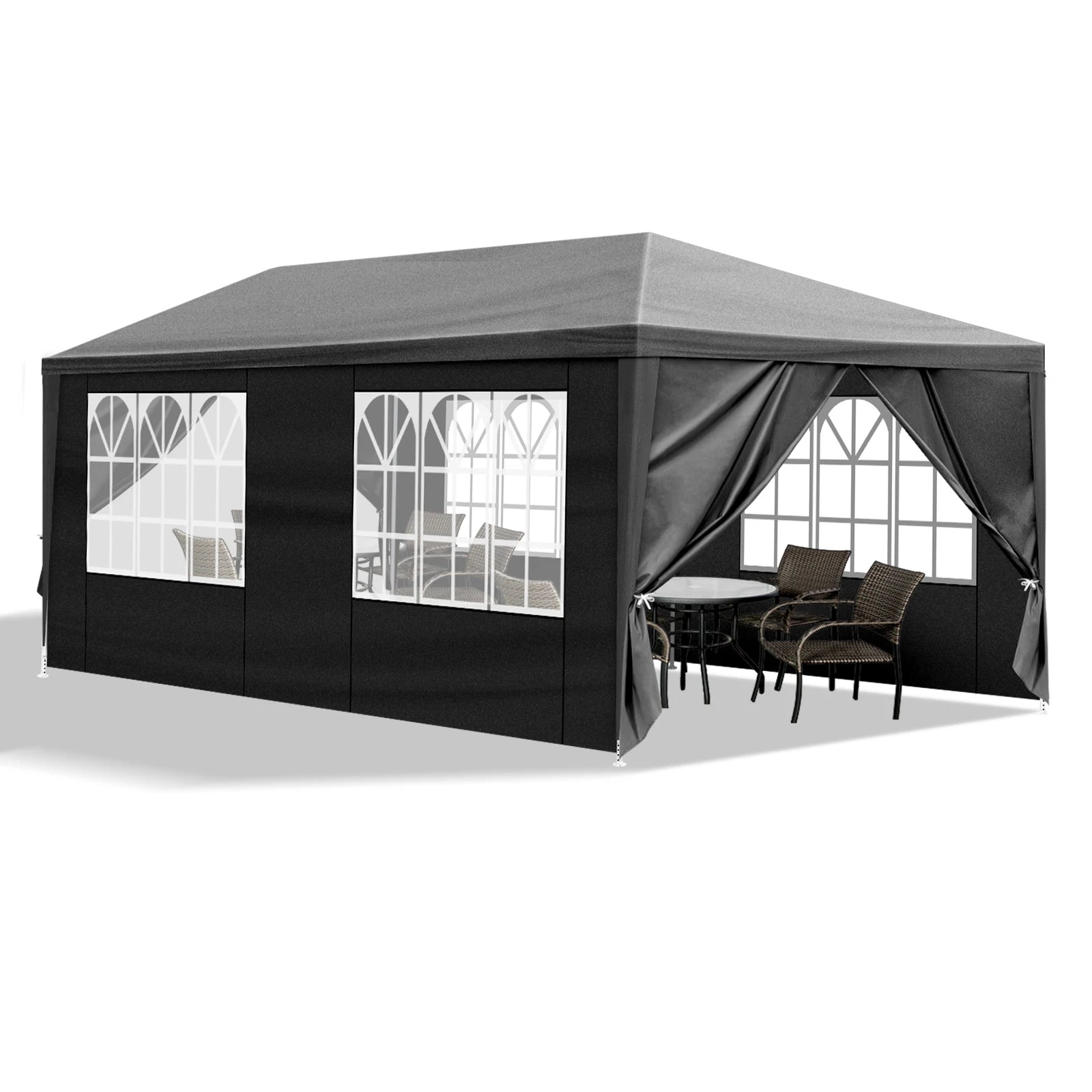 10x20ft Black Pop Up Canopy Tent, 6 Removable Sidewalls with 2 Doors 4 Windows, PE Fabric Heavy Duty Outdoor Gazebo with Powder-Coated Steel Frame for Party Wedding Event