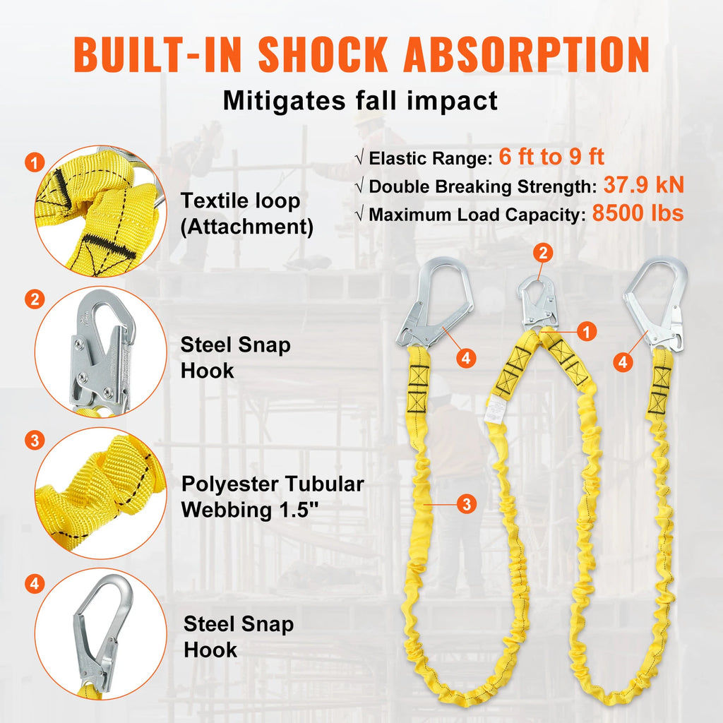 VEVOR 38mm Safety Lanyard 6ft(1.83m) Fall Protection Lanyard Retractable Safety Belt for Outdoor/Indoor Tree Climbing Yellow