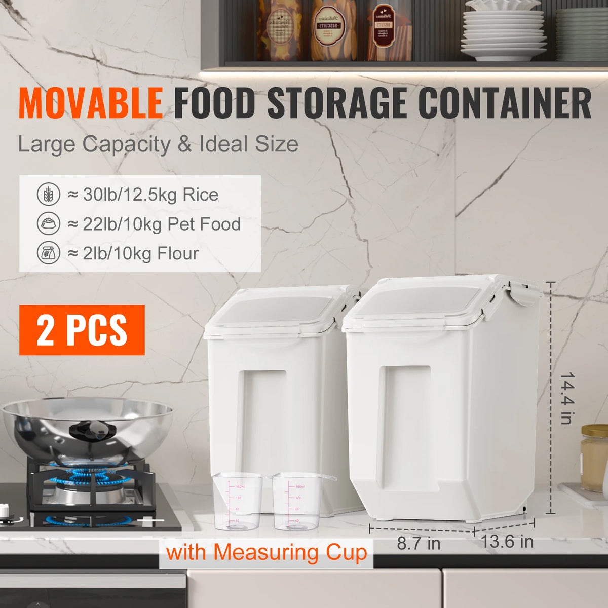 SucceBuy Ingredient Storage Bin 2 x 15L Dispenser Bin with 2 Measuring Cups and Airtight Lid PP Material Rice Cereal Flour Bin Amocart