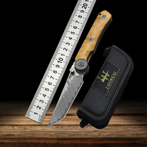 VG10 Damascus Steel Camphor Wood Handle Folding Knife With Back Clip Outdoor Camping Fishing Portable Tools Collecting Gifts EDC