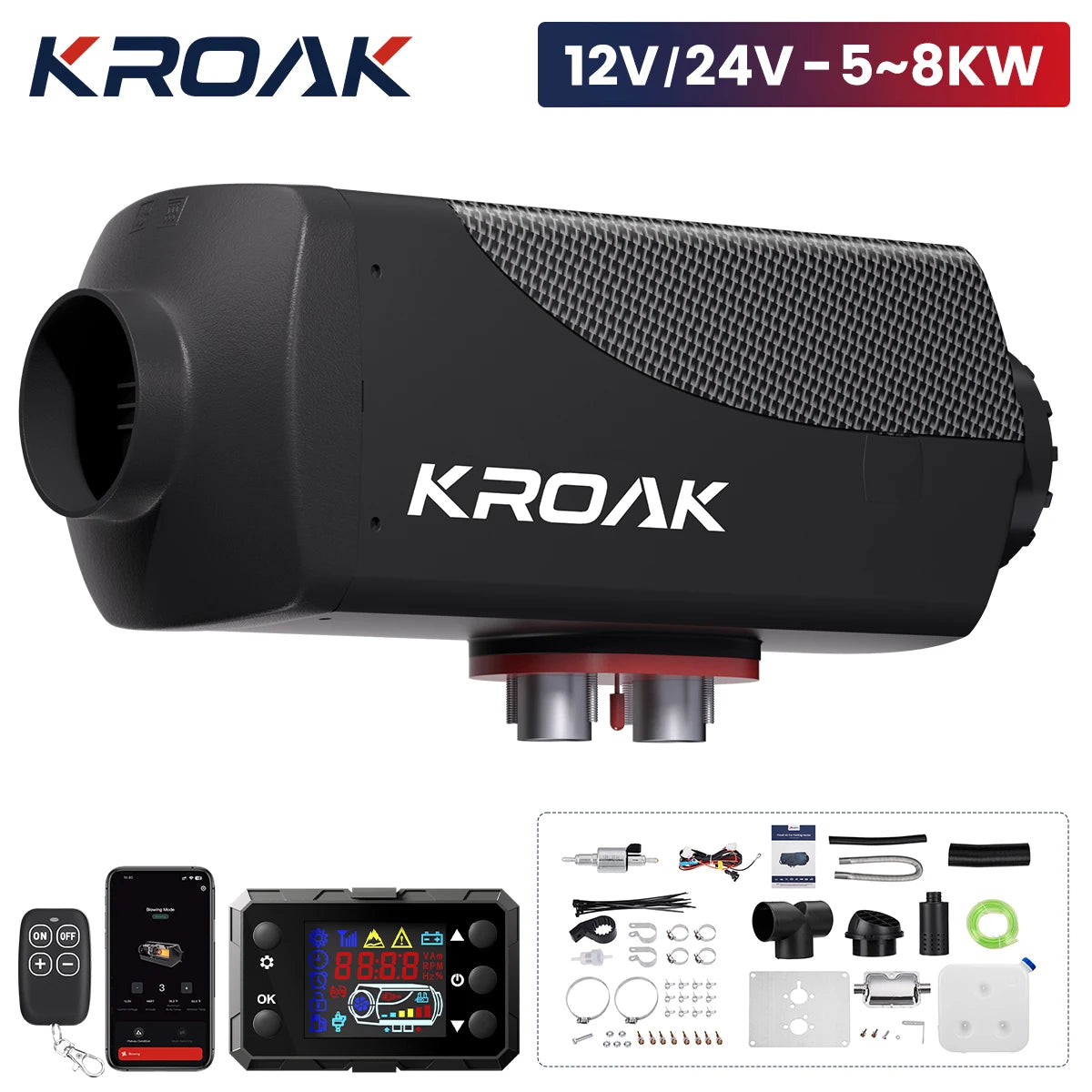 KROAK 8KW 12V Air Diesel Parking Heater Car Heater With Remote Control LCD Monitor For RV Motorhome Trailer Trucks Boats Amocart