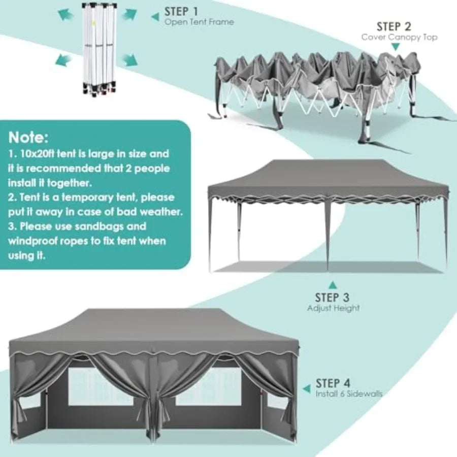 10x20ft Pop up  Tent w/6 Sidewalls Heavy Duty Wedding Party Tent Height Adjustable Large Commercial Gazebo  Sun Protection Shel