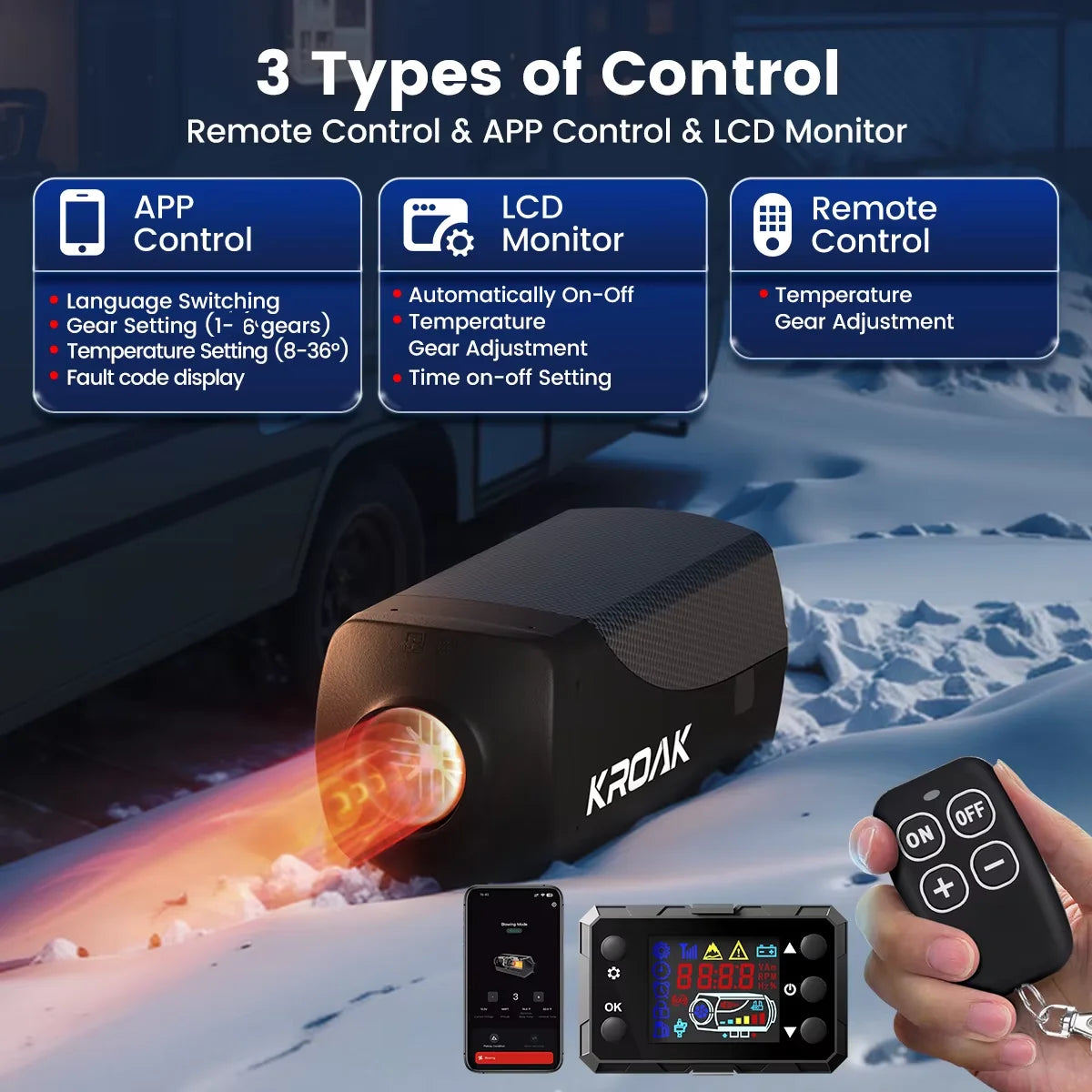 KROAK 8KW 12V Air Diesel Parking Heater Car Heater With Remote Control LCD Monitor For RV Motorhome Trailer Trucks Boats Amocart
