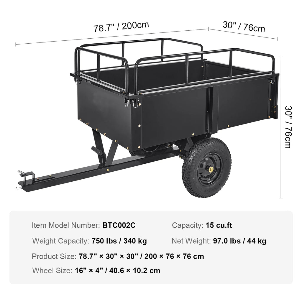 SucceBuy Heavy Duty Steel ATV Dump Trailer Tow Behind Dump Cart Garden Trailer Removable Sides and Tires for Mowers Tractors