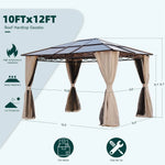 10x12 Hardtop Gazebo Aluminum Frame UV50+ Mosquito Net & Curtains Outdoor Garden Backyard Shelter, Custom