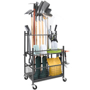 Bild in Galerie-Viewer laden, SucceBuy 16 Slots Garden Tool Organizer Yard Tool Tower Rack with Hooks Wheels Long-Handled Rake Stand Holder for Garage Storage
