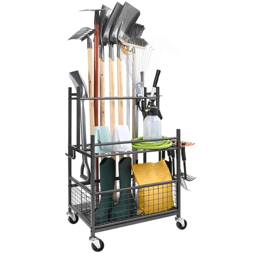 SucceBuy Organisateur d'outils de jardin à 16 fentes, tour de rangement d'outils de jardin avec crochets, roues, support de râteau à long manche pour rangement de garage