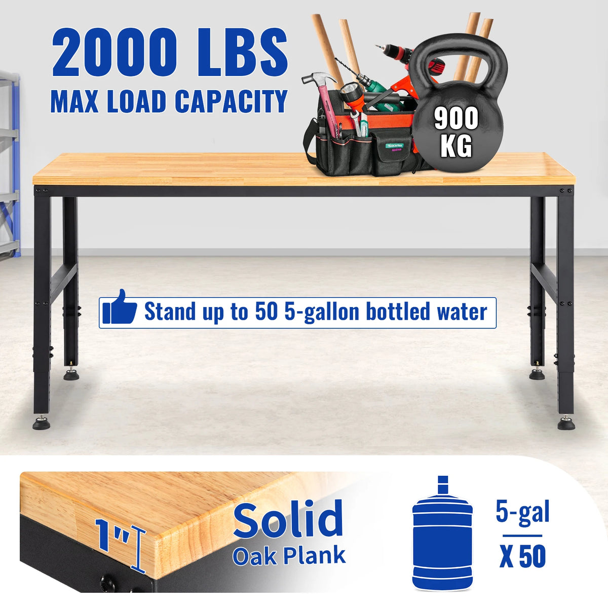 SucceBuy 2000 lbs Adjustable Garage Workbench 48/61" L x 20" W Work Table with 28.3"-38.1" Height & Hardwood Top for Office Home