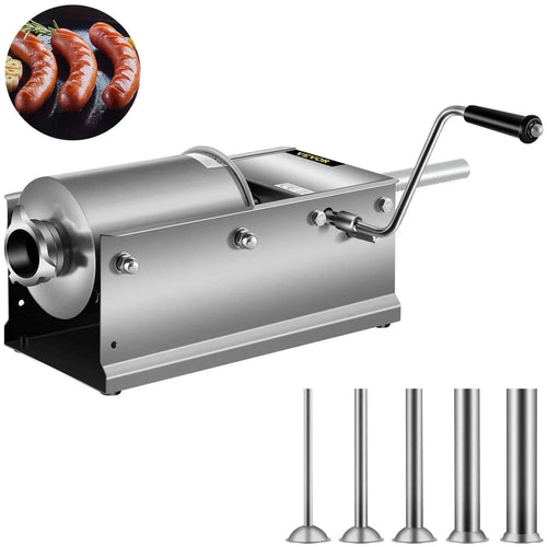 Amocart 3L Horizontal Sausage Stuffer Manual Sausage Maker Stainless Steel With 5 Filling Nozzles For Home & Commercial Use
