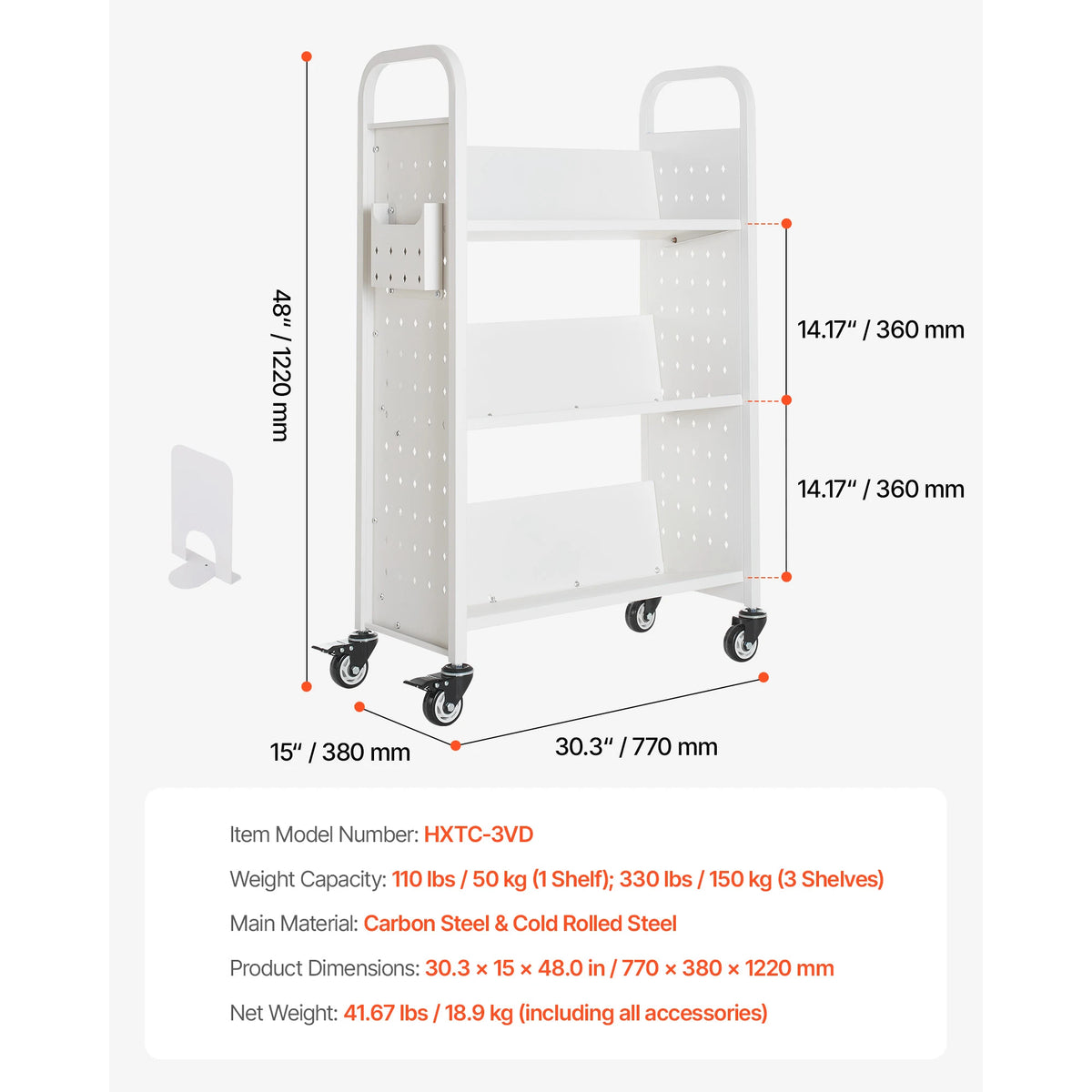 SucceBuy Rolling Library Book Cart 330lbs Capacity 30.3x15x48.0In Single Sided V-Shaped Shelves w/ 3 In Lockable Wheels for Home