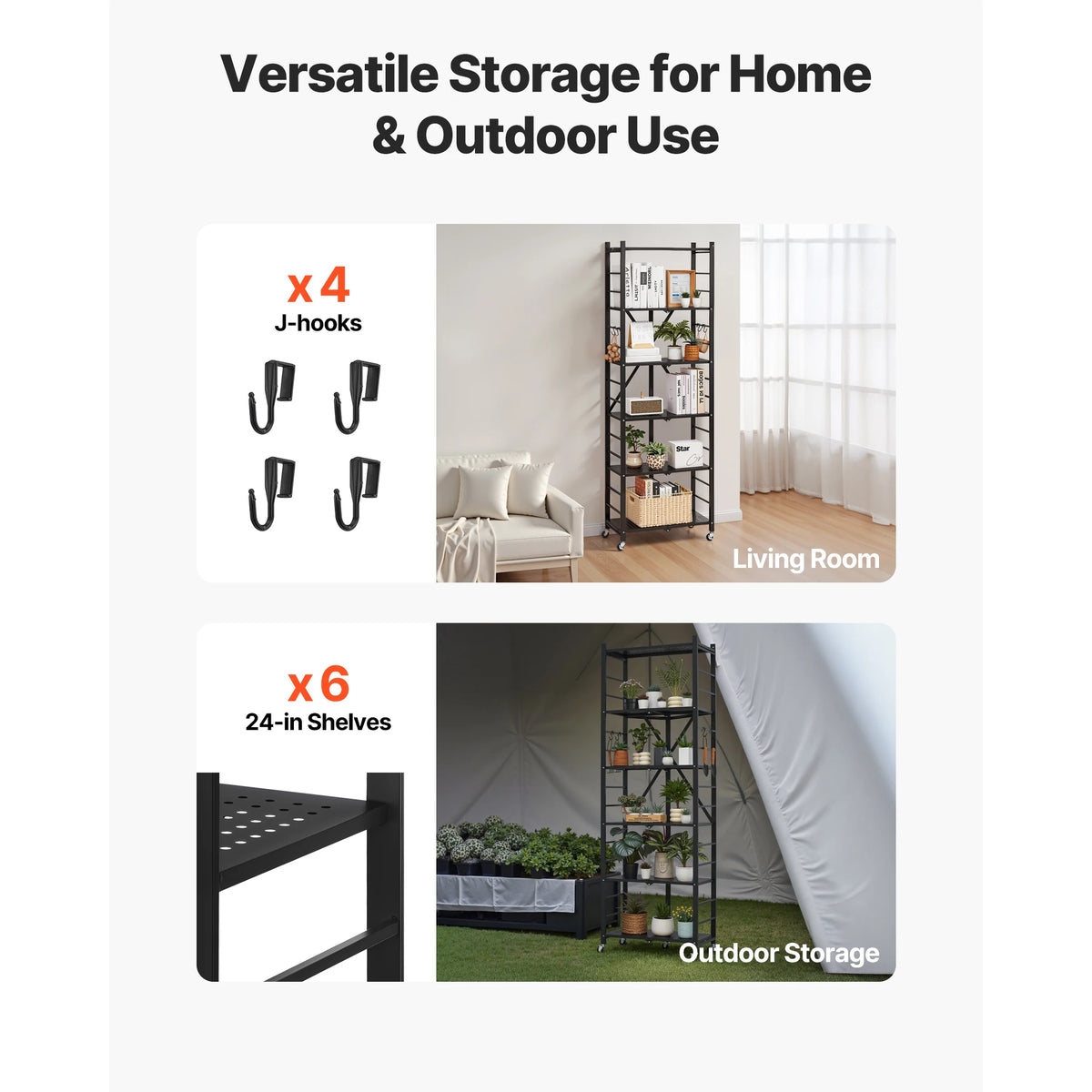 SucceBuy 6/5/4/3 Tier Black Foldable Storage Shelf with Wheels Folding Metal Rack Shelving Unit Organizer for Garage Kitchen Amocart