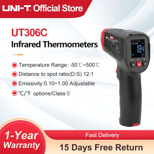 Thermomètre infrarouge UNI-T UT306S UT306C, sans contact, industriel, laser, numérique, pistolet de test de température -50-500