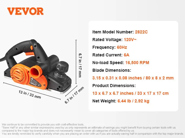 VEVOR Electric Hand Planer 3-1/4" width 16500 RPM High-Speed Powerful Electric Corded Handheld Planers for DIY Woodworking Tool Amocart