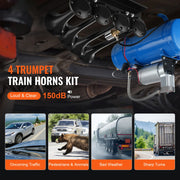 Load image into Gallery viewer, SucceBuy Train Horns Kit 4 Trumpet Air Horn Kit 150dB Train Horns 12V Air Compressor with 3/6/10L Tank, for Pickup Trucks Train
