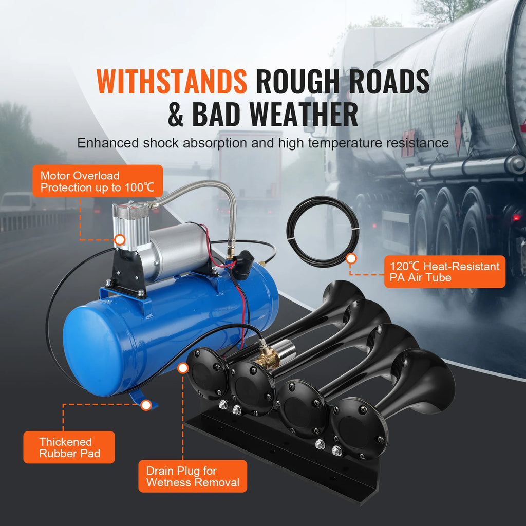 SucceBuy Train Horns Kit 4 Trumpet Air Horn Kit 150dB Train Horns 12V Air Compressor with 3/6/10L Tank, for Pickup Trucks Train